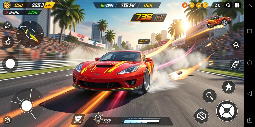 Tampilan gameplay balapan dalam 73K yang menegangkan dan seru.
