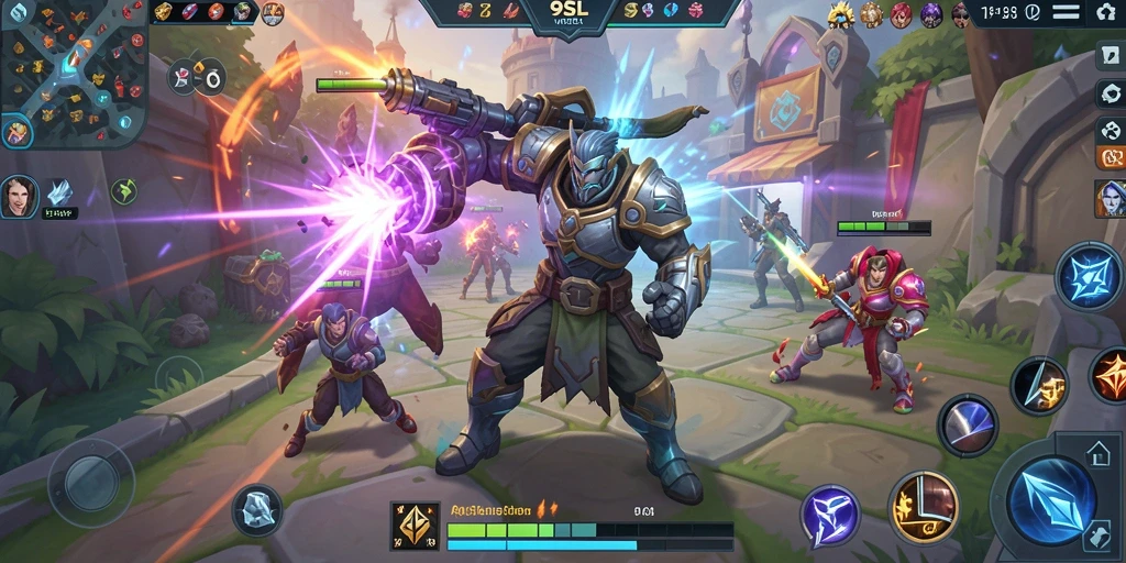 Screenshot gameplay 9SL menampilkan aksi pertarungan seru di arena MOBA.