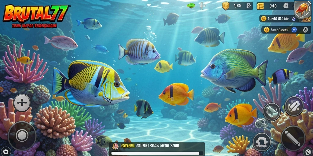 Tampilan gameplay seru BRUTAL77 dengan aksi menembak ikan.