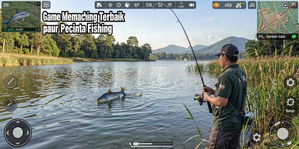 Screenshot gameplay F08 menunjukkan aksi memancing yang seru dan mendebarkan.