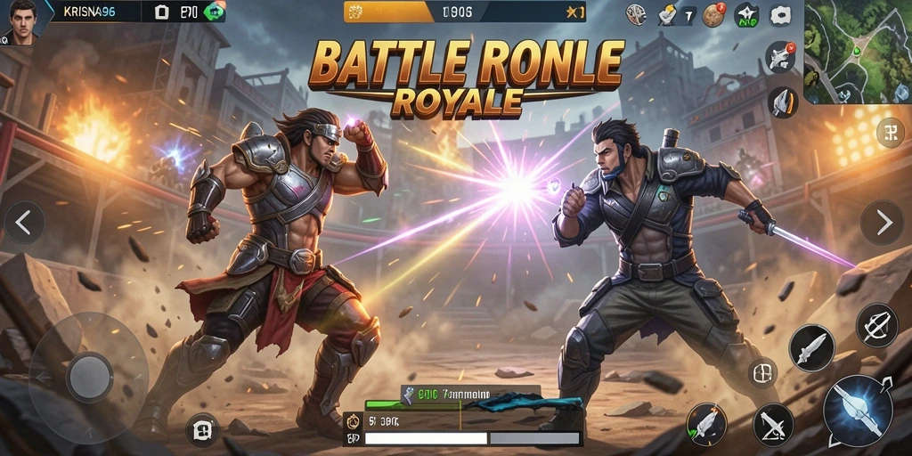 Tampilan aksi seru dalam gameplay KRISNA96 di medan perang Battle Royale.