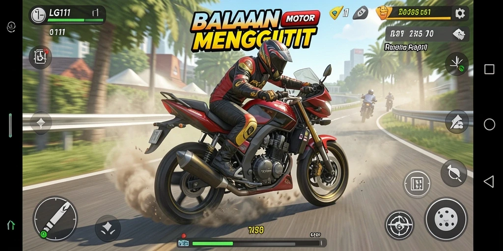 Screenshot gameplay LG111 dengan aksi balapan motor yang mendebarkan.