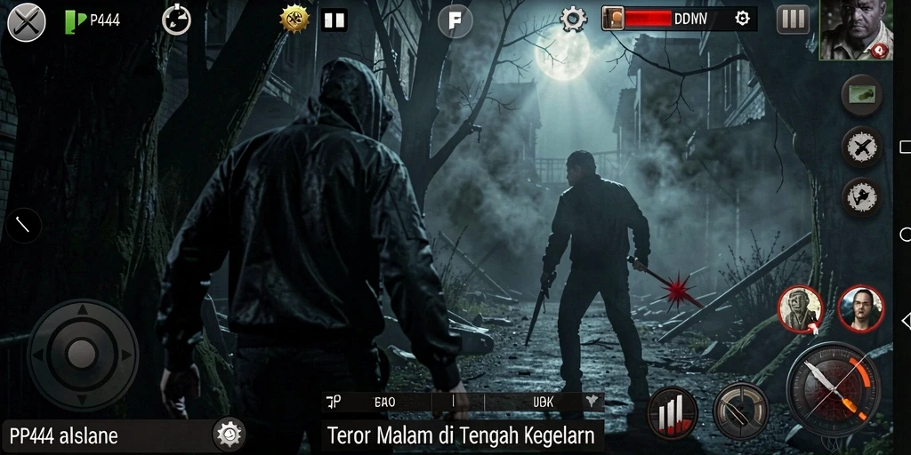Screenshot gameplay PP444 menampilkan suasana kegelapan yang mencekam.