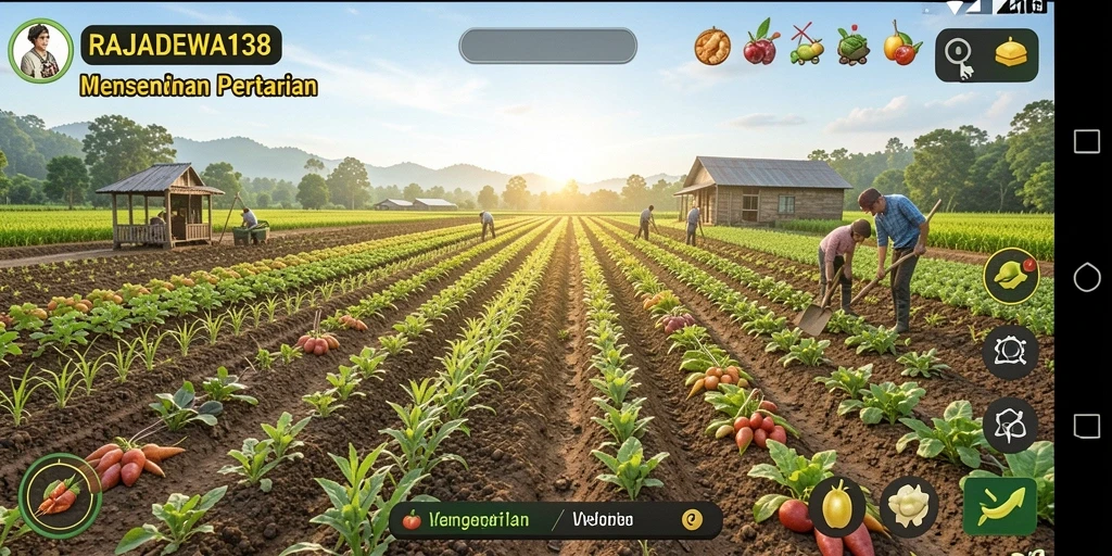 Tampilan gameplay <strong>RAJADEWA138</strong> dengan suasana pertanian yang cerah.