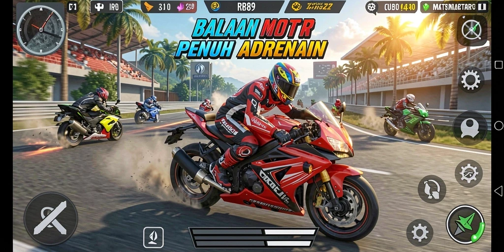 Gameplay menarik dengan balapan motor yang seru.